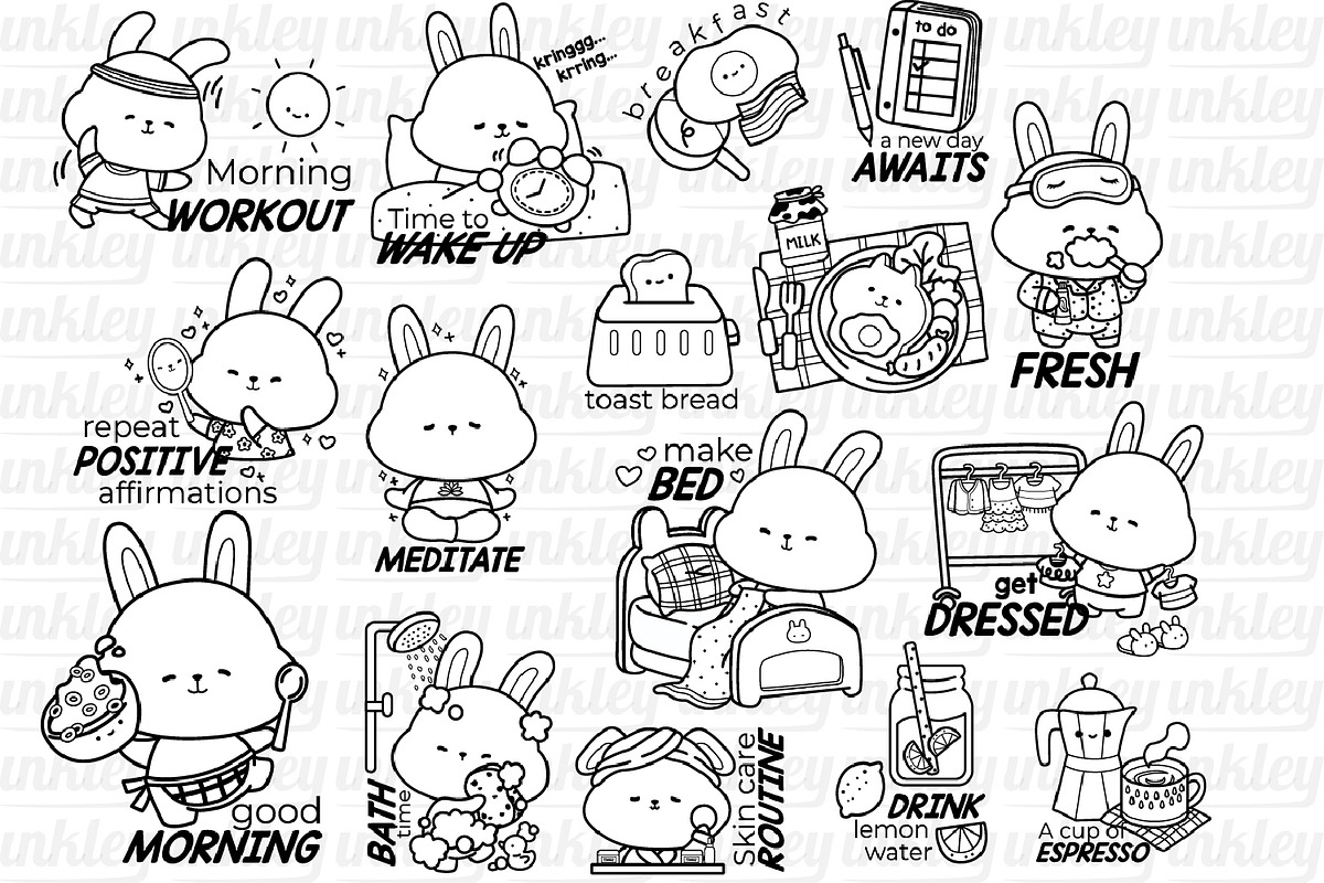 Morning Routines Clipart Coloring, an Animal Illustration by Inkley Studio