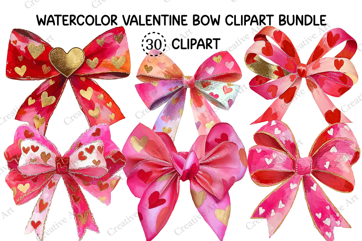 Watercolor Valentine Bow Clipart, an Illustration by Creative Art (Photo 1 of 9)