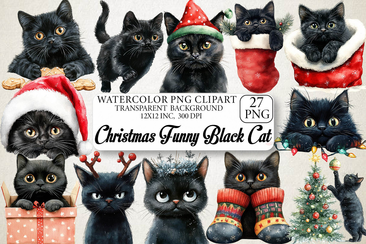 Christmas Funny Black Cat Clipart, an Illustration by DreamPrint404 (Photo 1 of 6)
