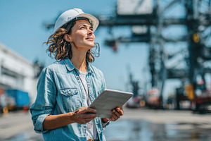 Female engineer at the port using ta, a Photo by Pixeness Studio