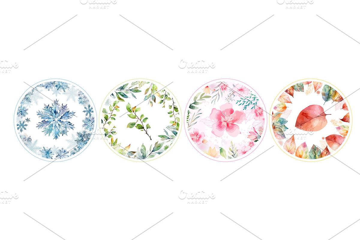Seasons of the year round frames, an Object Illustration by Nenahliadava Design