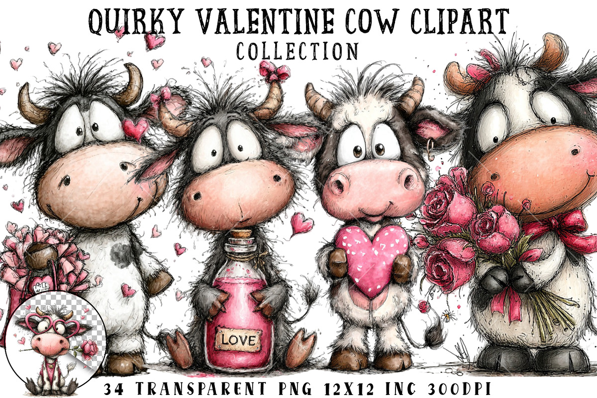 Quirky Valentine Cow Clipart, an Illustration by OK Design (Photo 1 of 6)