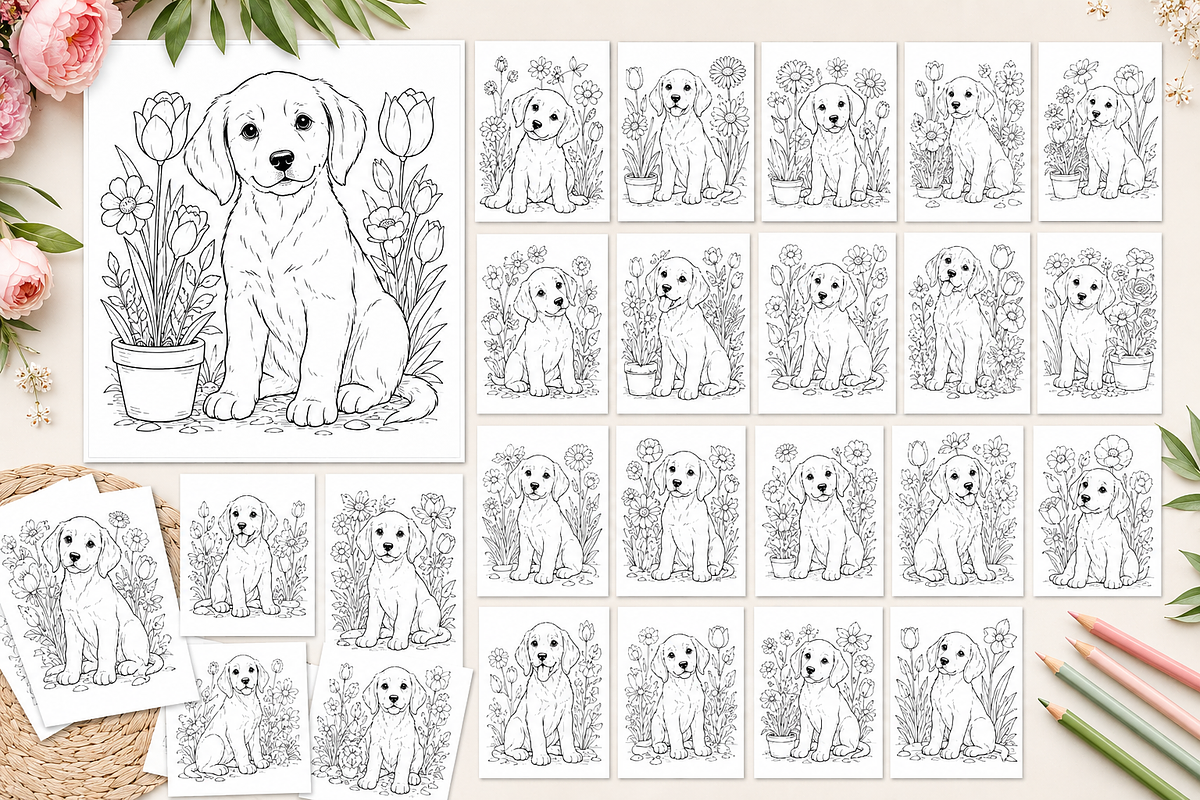 Flower Dog Coloring Pages for Adult, a Pattern Graphic by S Graphic Studio (Photo 2 of 3)