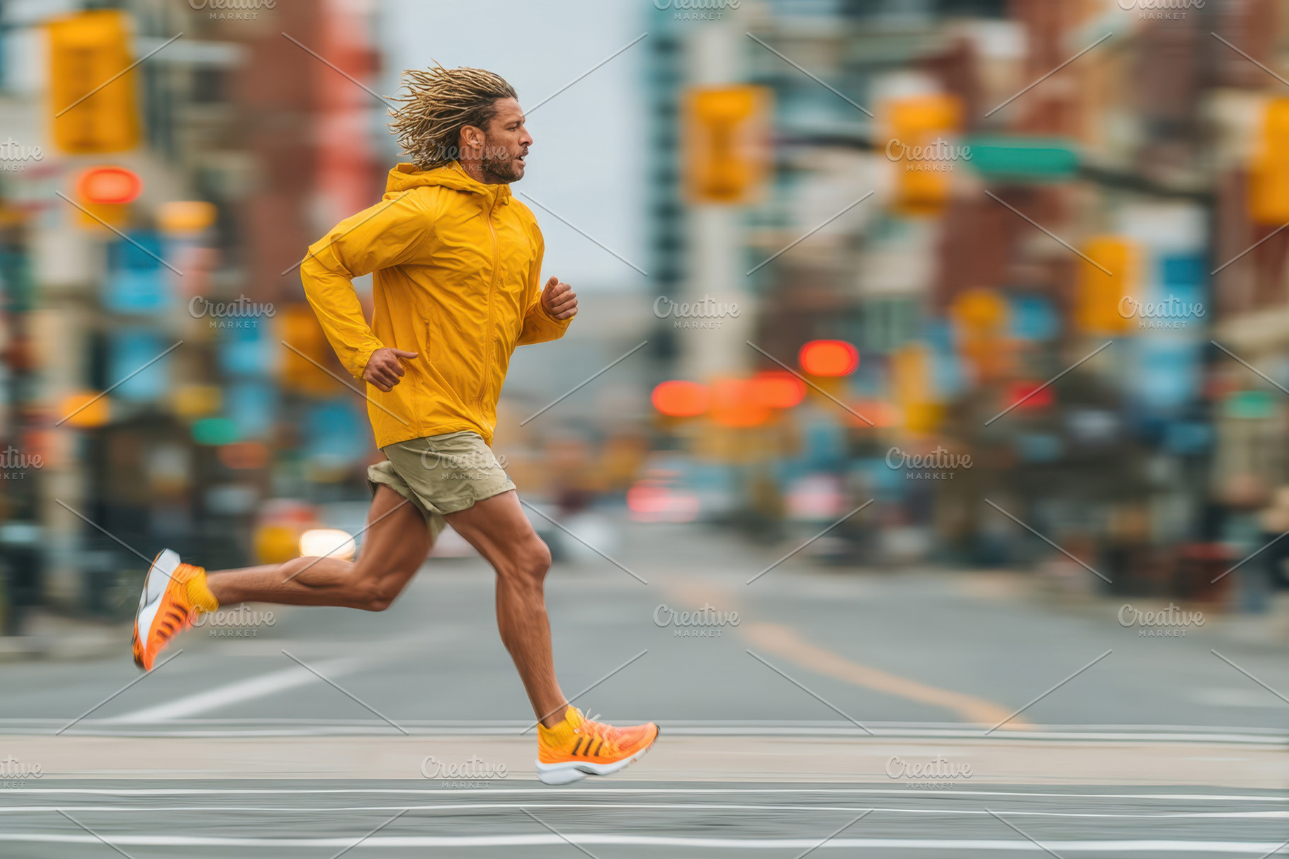 Man running in city wearing yellow jacket, a Sports & Recreation Photo by AlyaAnd