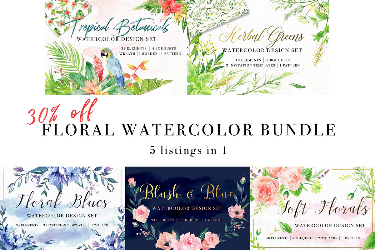 Sale- Floral Watercolor Bundle, an Illustration by Art by Lin (Photo 1 of 6)