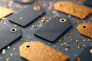 Black and gold glittery tags on dark surface, a Holiday Photo by AlyaAnd