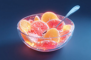 Breakfast bowl features glowing fruit in a vibrant setting, a Photo by AlyaAnd