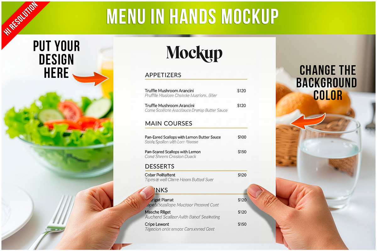 Restaurant Menu In Hands PSD, a Product Mockup by Bruno's Shop (Photo 1 of 3)
