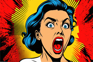 Pop Art Angry Woman Vindicating Something. Colorful Illustration