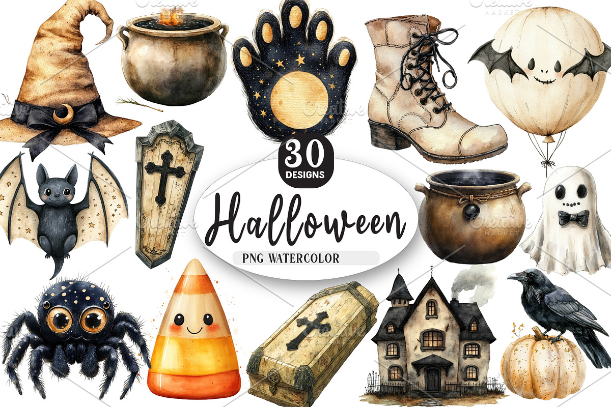 Beige & Black Halloween Clipart, an Illustration by Watercolor design (Photo 1 of 4)