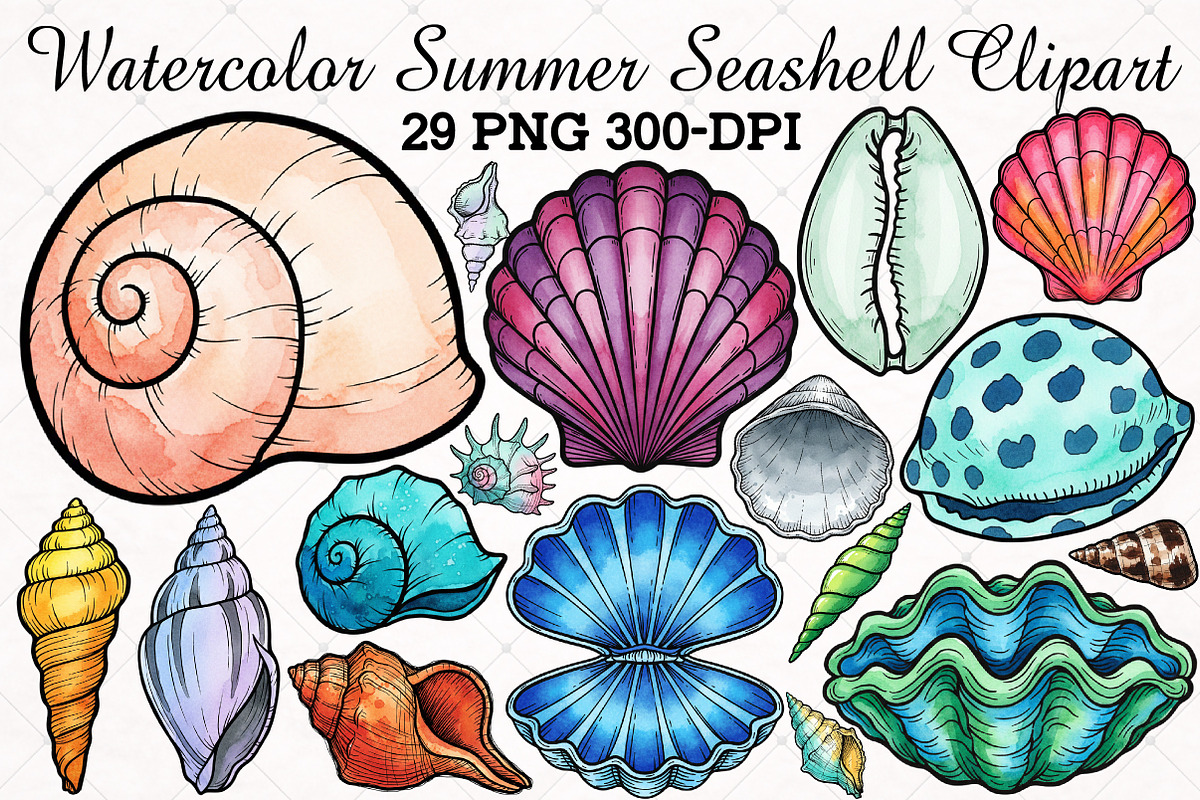 Watercolor Summer Seashell Clipart, an Illustration by RobertsArt (Photo 1 of 4)
