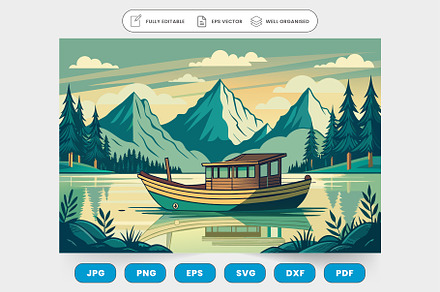 A boat sailing on water with mountai