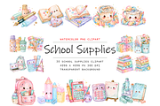 Watercolor School Supplies Clipart, a Decorative Illustration by stickermadness (Thumbnail 1 of 4)