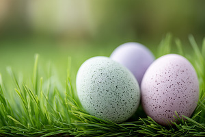 Pastel speckled Easter eggs resting, a Holiday Photo by MistyDay