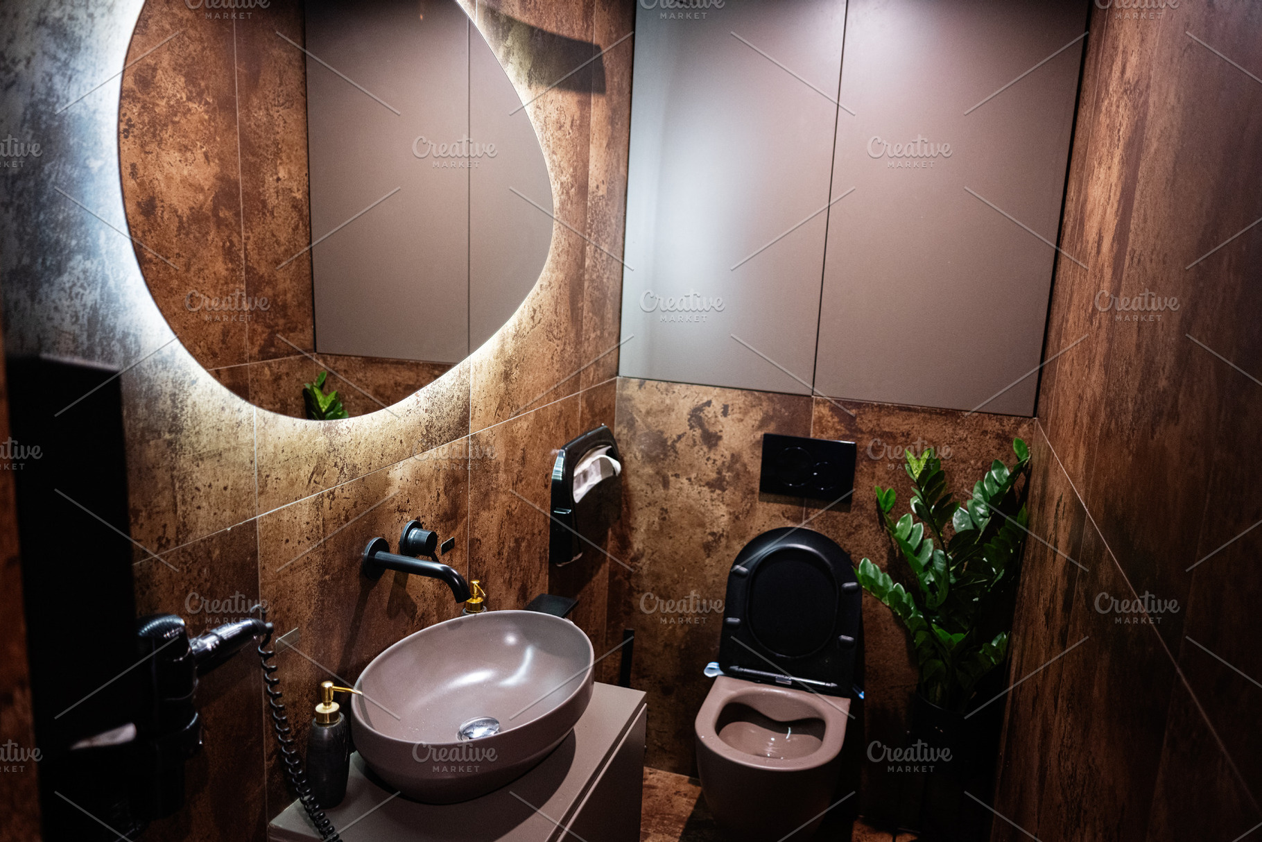 Modern bathroom interior with earthy tones, sleek fixtures, and ambient lightin, a Photo by AS photostudio