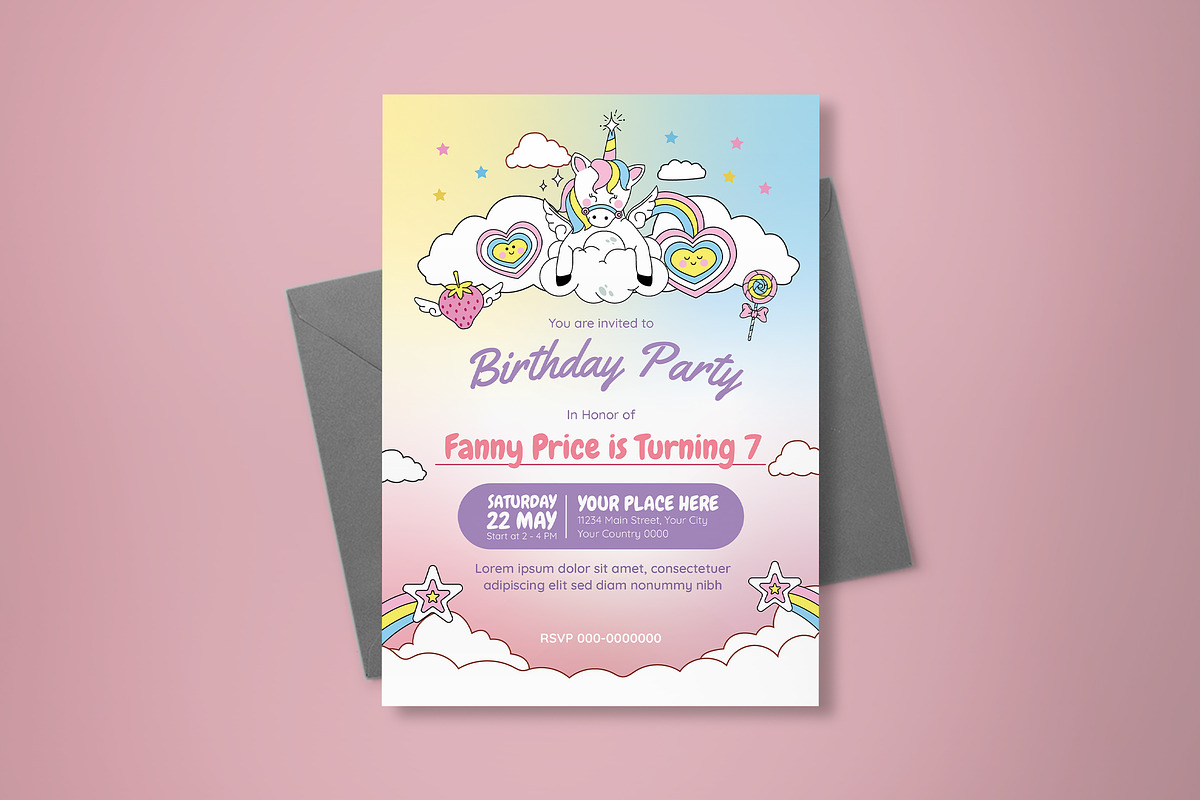 Unicorn Birthday Party Invitation, an Invitation Template by graphicook (Photo 2 of 3)