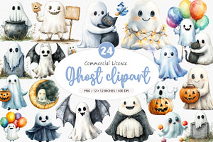 Watercolor Cute Ghost Clipart, an Illustration by SinaCreation
