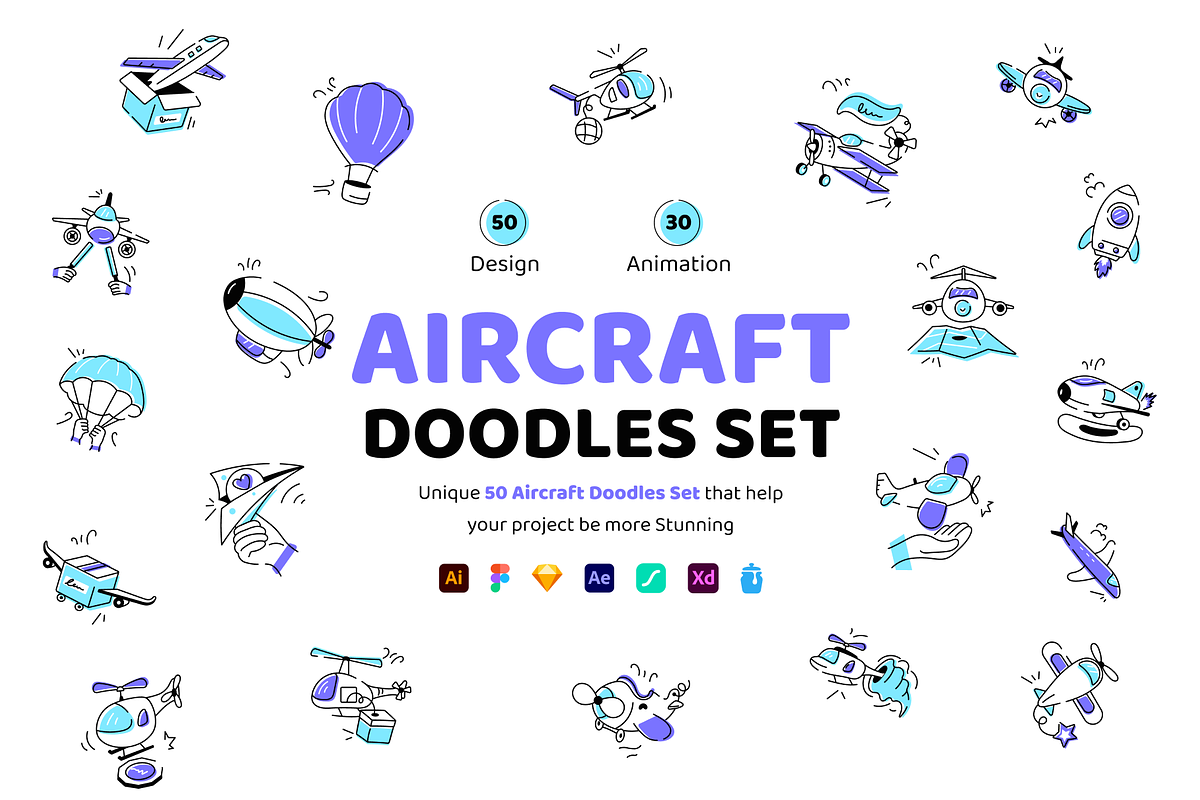 Animated Aircraft Doodle Set, a Duotone Icon by Vectors Market (Photo 1 of 9)