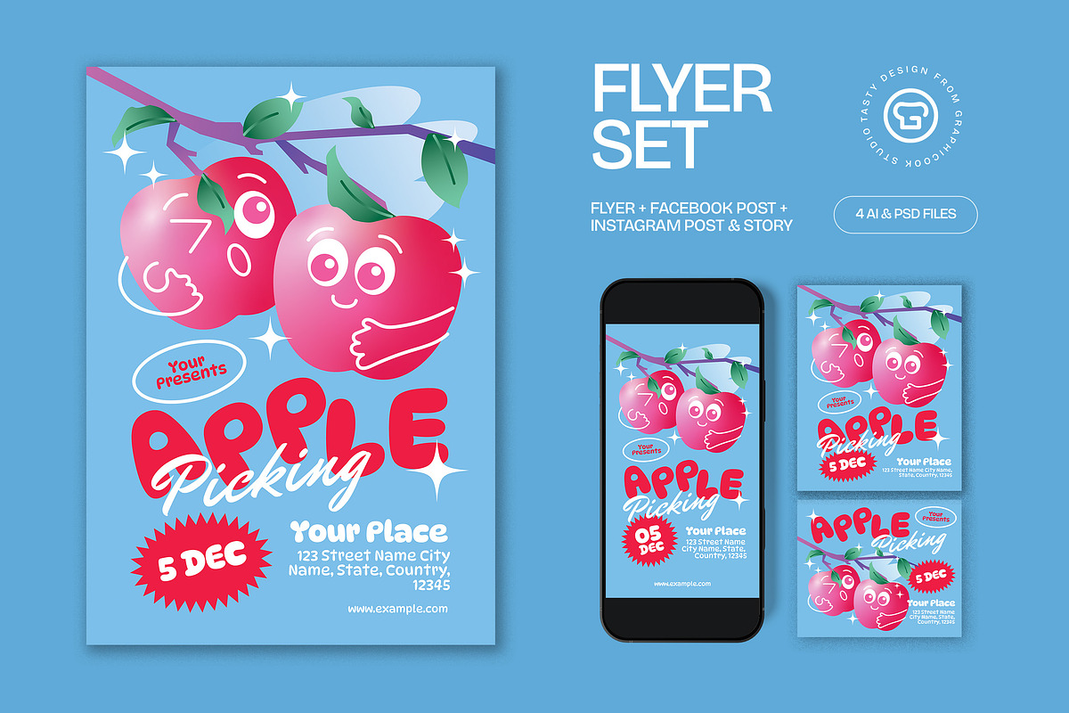 Blue Quirky Apple Picking Flyer Set