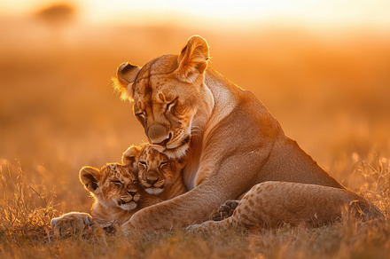Lioness with cubs, bathed in a warm, a Background Photo by Pixeness