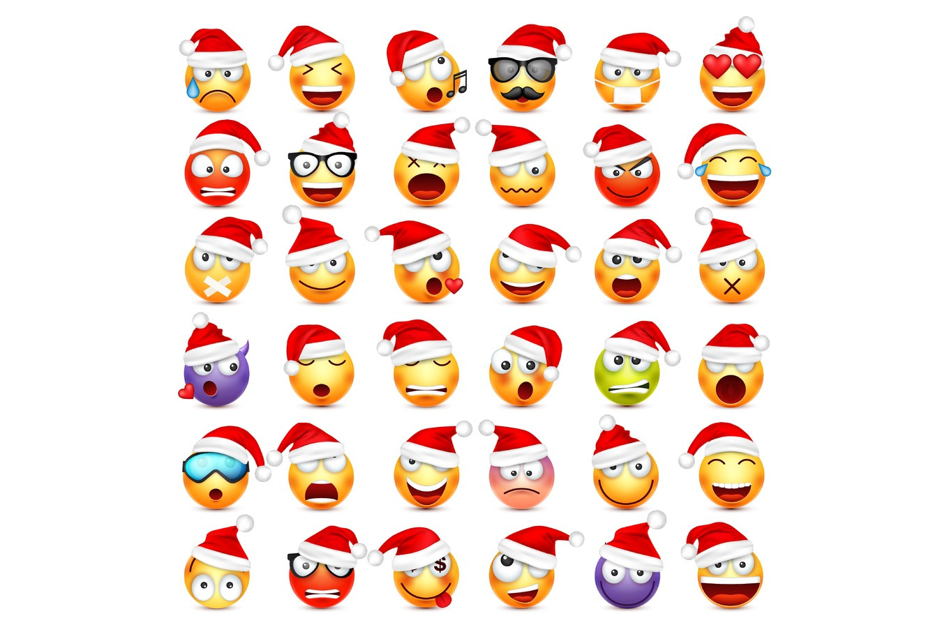 Smiley,emoticon set. Yellow face with emotions and Christmas hat. New ...