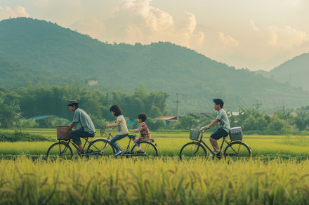 Family of five riding bicycles throu, a Photo by Iftikhar Alam