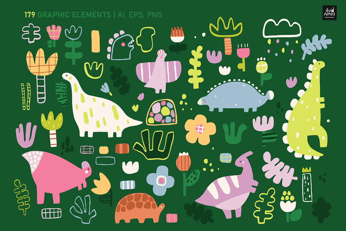 Dino cliparts and patterns, an Animal Illustration by avdnadi (Photo 3 of 10)