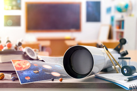 Astronomy student table with materials and tools and classroom b, a School & Education Photo by Davizro's Market