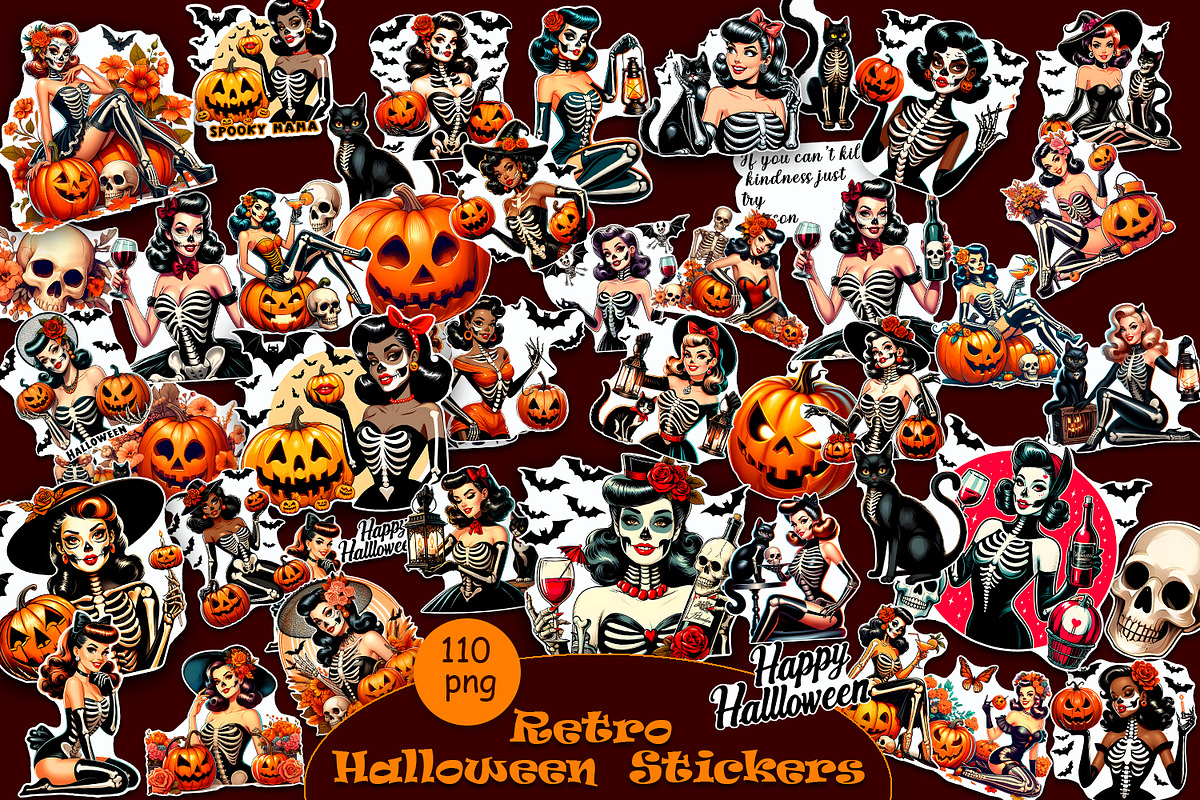 Retro Pin Up Girl Halloween Stickers, a Person Illustration by ElenazlataArt (Photo 1 of 5)