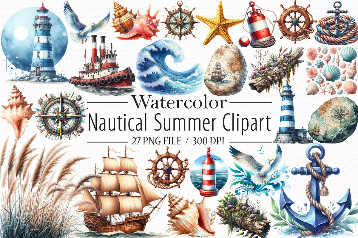 Watercolor Nautical Summer Clipart, a Graphic by Libby Wishes (Photo 1 of 5)