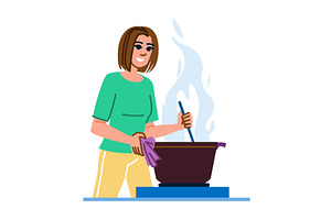 Woman cooking food in a pot on the, a Food Illustration by pikepicture