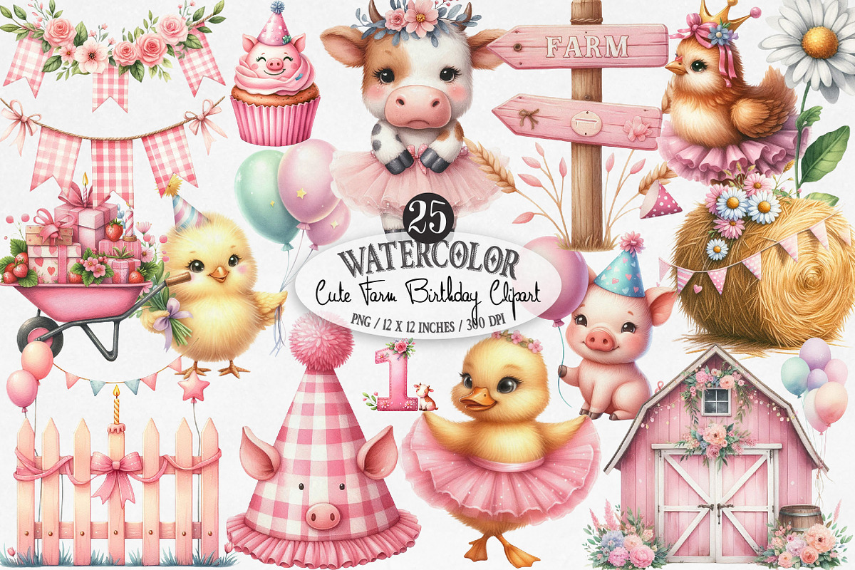 Watercolor Cute Farm Birthday PNG, an Illustration by Designking (Photo 1 of 4)