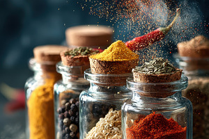 Colorful Spices in Glass Jars Dark B, a Photo by Pixeness Studio