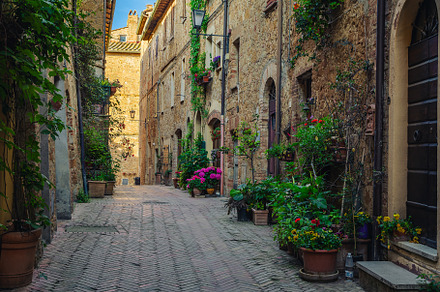 Stone houses decorated with flowers, an Architecture Photo by Alpine Dreams