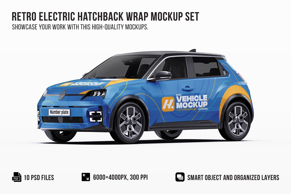 Retro Electric Hatchback Mockup Set, an Advertising Mockup by Halal Graphic Studio (Photo 1 of 16)