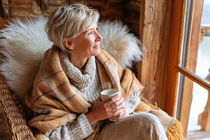 Cozy afternoon spent by the window with a warm drink in a comfortable armchair, a Person Photo by AlyaAnd