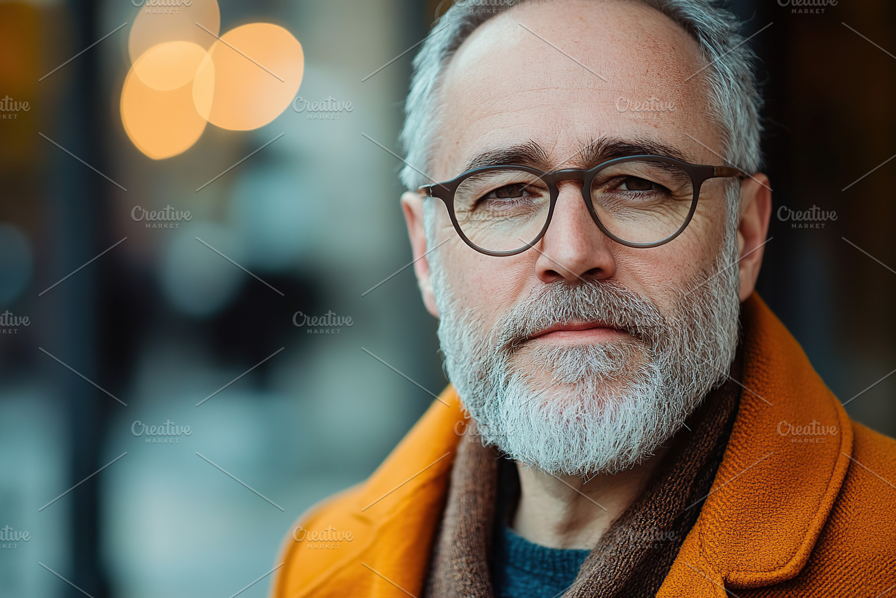 Mature man with glasses and beard smiling outdoors in city setting, a Person Photo by AlyaAnd