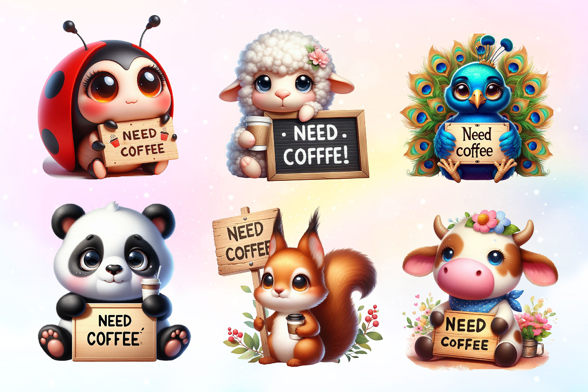 Need Coffee Animals Clipart, a Work Illustration by Dream Creation (Photo 2 of 5)