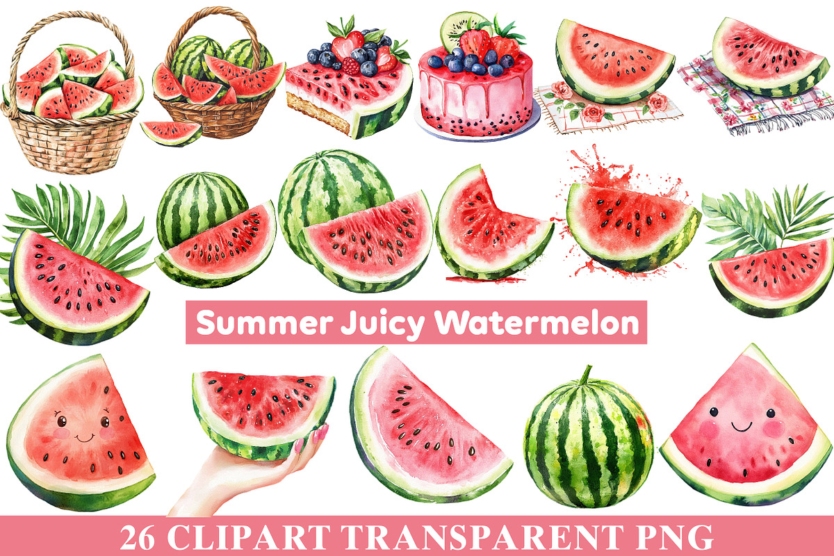 Summer Juicy Watermelon Clipart, an Illustration by cherrydesign (Photo 1 of 4)
