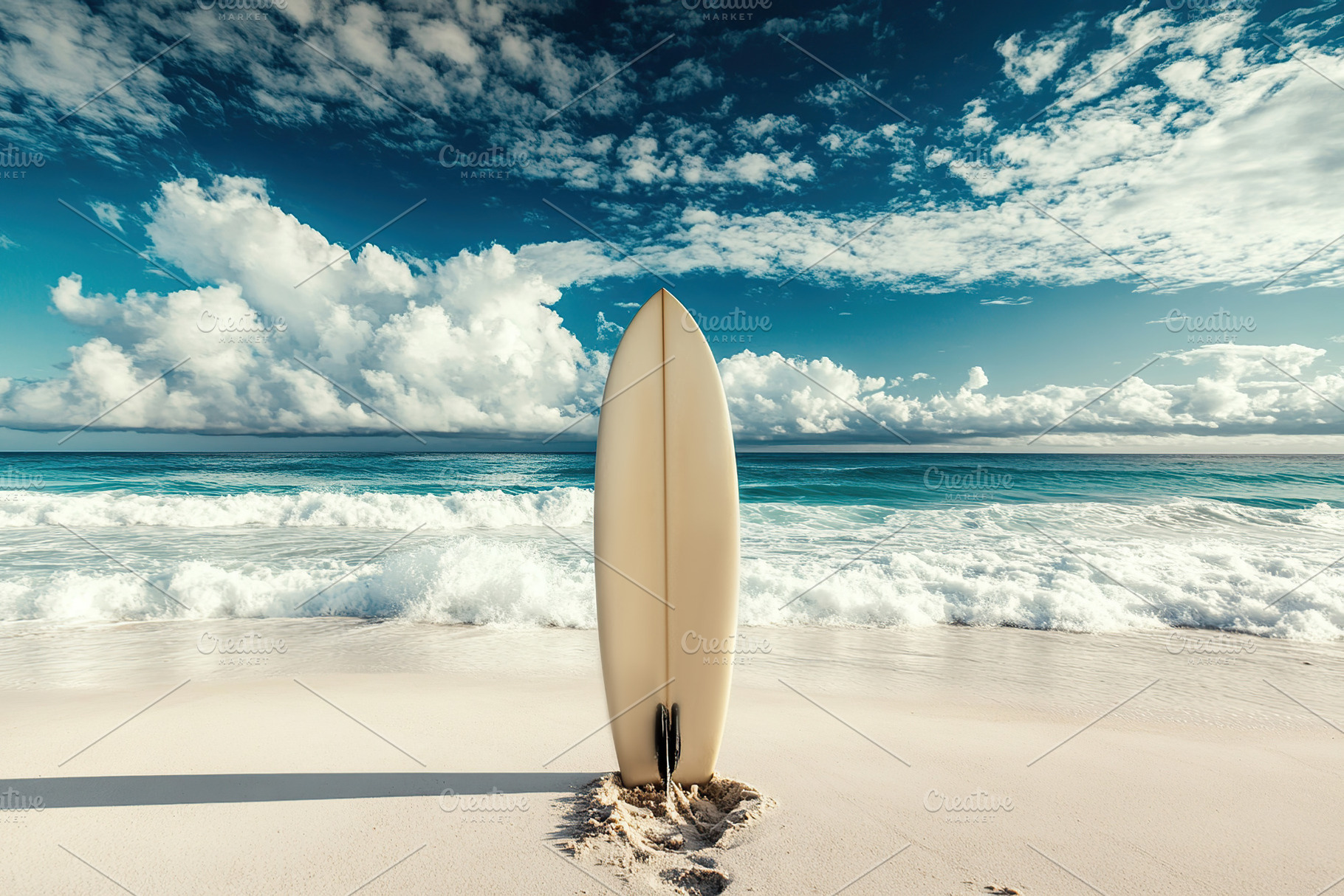 Surfboard anchored in soft white sand on a sunny beach with gentle waves undern, an Arts & Entertainment Photo by AlyaAnd