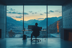 A person AI Architect sitting at a desk in a modern office, facing a large wind, a Person Photo by Textures & Backgrounds