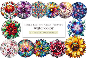 Round Stained Glass Flowers Clipart, an Illustration by DreamArtGraphic
