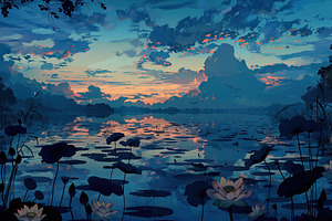 Lotus pond at twilight, where the si, a Photo by LOGOCREATIVE