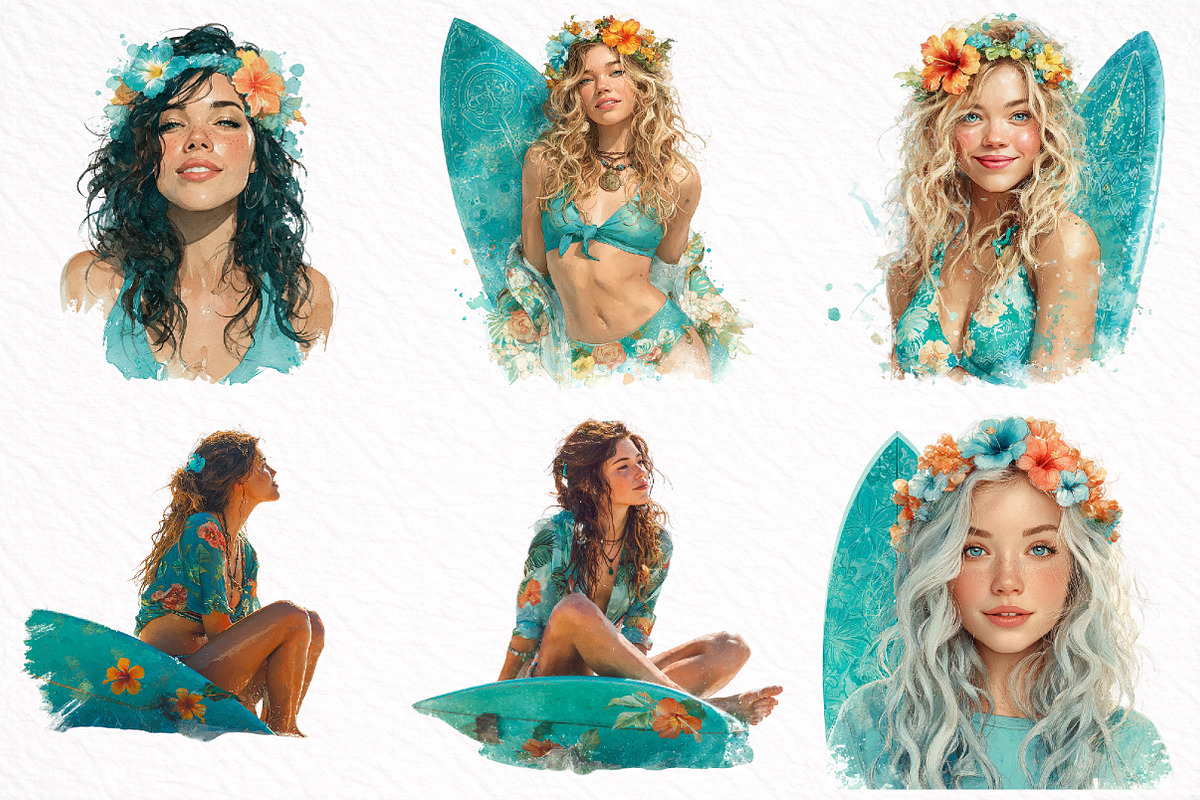 Aloha Surfing Girl Clipart, an Illustration by DreamArtGraphic (Photo 3 of 8)