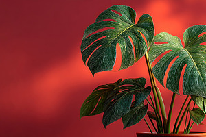 Tropical monstera plant with large glossy green leaves in pot ag, a Background Photo by José Manuel Gelpi