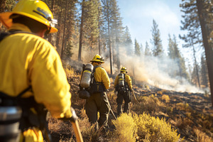 Firefighters in forest battling wildfire under emergency conditi, a Photo by Dvoevnore photos