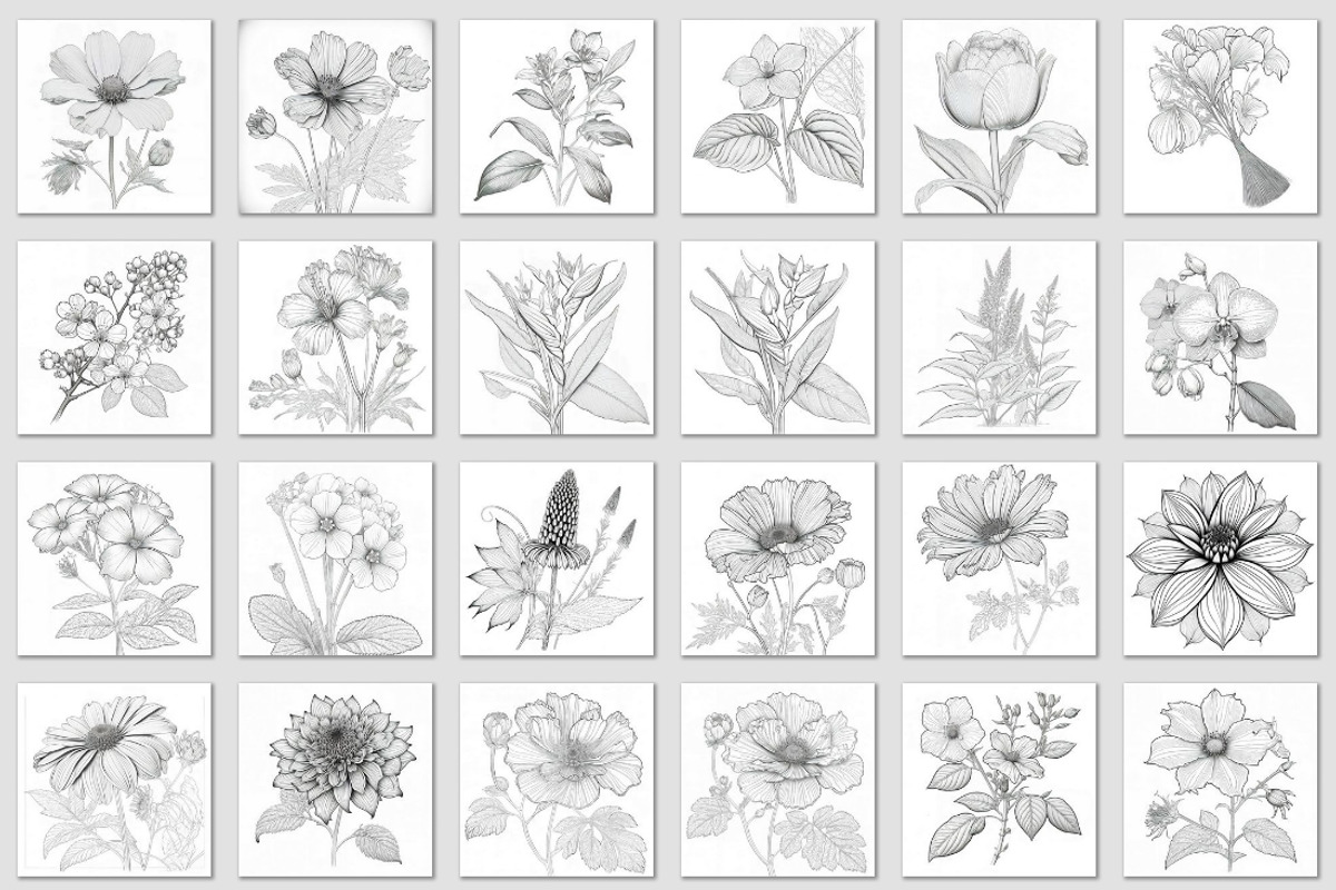 100 Beautiful Flower Coloring Pages, a Decorative Illustration by Blue Digital Studio (Photo 7 of 7)