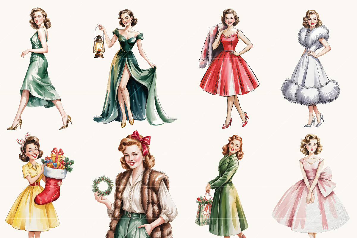 Retro Christmas Woman Clipart Bundle, a Person Illustration by BusyDaydesign (Photo 7 of 9)