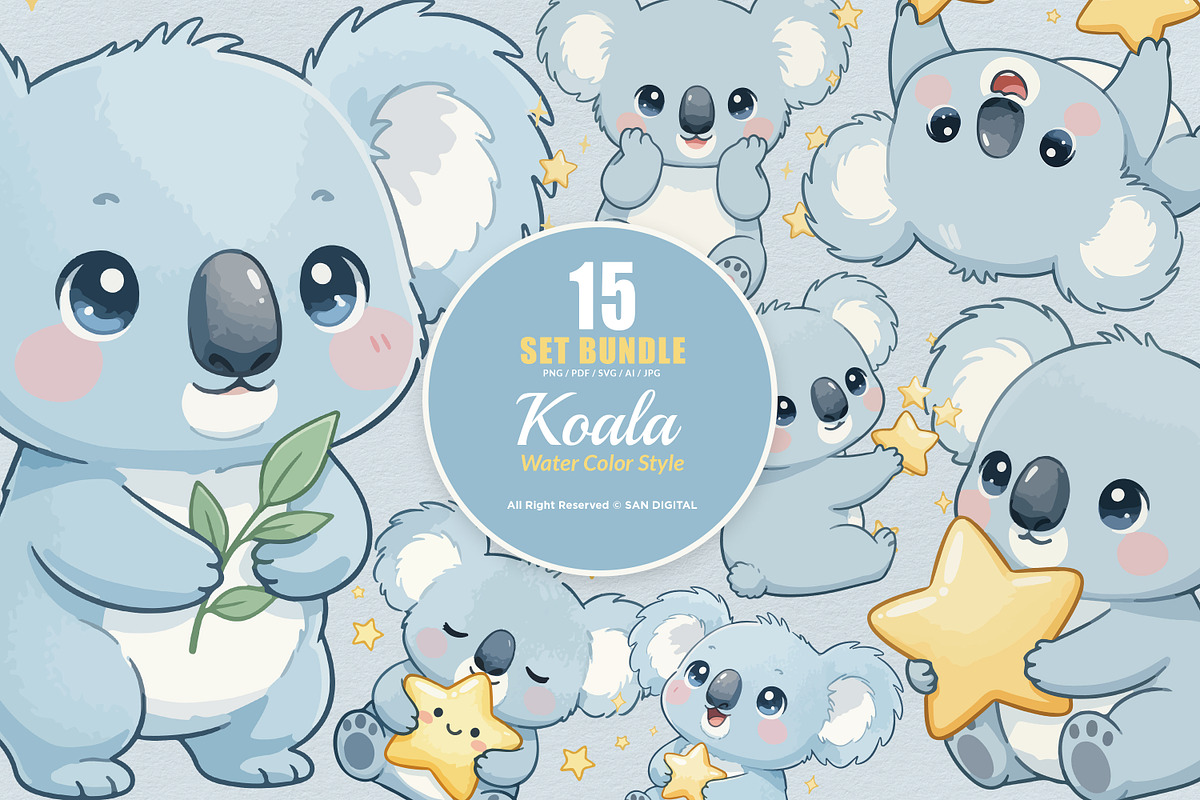 15 Bundle Watercolor Blue Koala Kids, an Animal Illustration by Morspective (Photo 1 of 8)