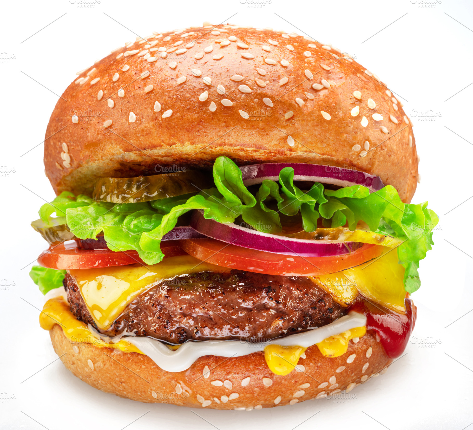 Hamburger close up on white, a Food & Drink Photo by Volff